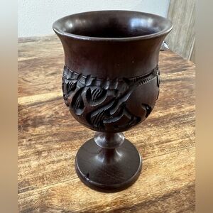 Vintage Hand Carved African Trading Wooden Goblet w/charging Elephant & Rhino